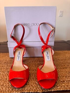 Jimmy Choo Red Orange Patent Crisscross Ankle-Strap Heels